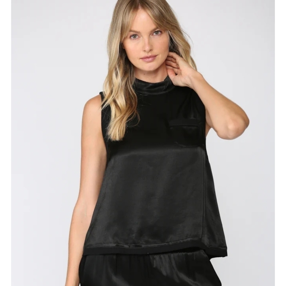 Fate Black Satin Mock Neck Pocket Sleeveless Blouse Top Size Small